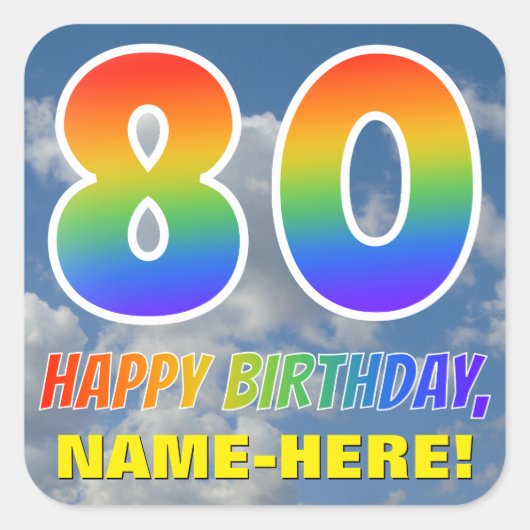 Sticker Carré Rainbow Look "80" & "HAPPY BANTHDAY", Nuages, Sky (Devant)