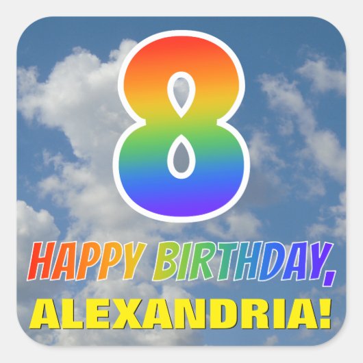 Sticker Carré Rainbow Look "8" & "HEUREUX ANNIVERSAIRE", Nuages, (Devant)