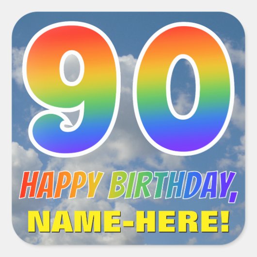 Sticker Carré Rainbow Look "90" & "HAPPY BANTHDAY", Nuages, Sky (Devant)
