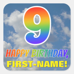 Sticker Carré Rainbow Look "9" & "HEUREUX ANNIVERSAIRE", Nuages,