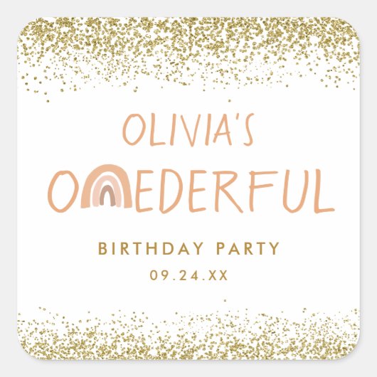 Sticker Carré Rainbow Onederful Girl 1er anniversaire fête (Devant)