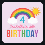 Sticker Carré Rainbow Sky Purple Girls Anniversaire<br><div class="desc">Cet autocollant de fête d'anniversaire super mignon pour fille présente un design arc-en-ciel coloré et lumineux avec des nuages moelleux et le soleil d'été. Personnalisez avec le nom et l’année d’anniversaire de votre enfant. Arrière - plan lavande claire violet avec couleurs arc-en-ciel girly : rouge, orange, jaune, rose chaud, vert,...</div>