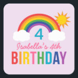 Sticker Carré Rainbow Sky Purple Girls Anniversaire<br><div class="desc">Cet autocollant de fête d'anniversaire super mignon pour fille présente un design arc-en-ciel coloré et lumineux avec des nuages moelleux et le soleil d'été. Personnalisez avec le nom et l’année d’anniversaire de votre enfant. Arrière - plan lavande claire violet avec couleurs arc-en-ciel girly : rouge, orange, jaune, rose chaud, vert,...</div>