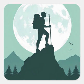 Sticker Carré Randonneur en silhouette sur un pic avec la lune e