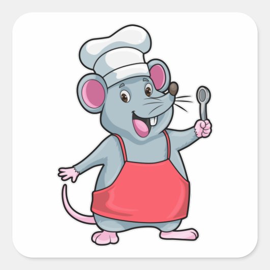 Sticker Carré Rat comme Chef avec tablier de Cuisine et cuillère (Devant)
