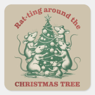 Sticker Carré Rat-ting autour de l'arbre de Noël Xmas drôle rat