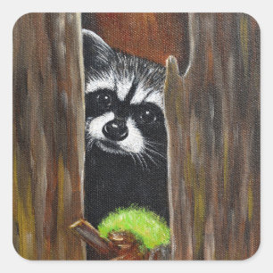 Sticker Carré Raton laveur dans un arbre peinture