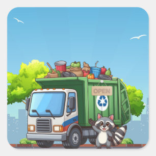 Sticker Carré Raton laveur mignon et camion de "nourriture"