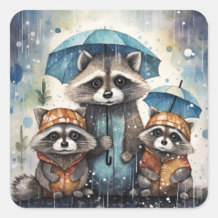 Sticker Carré Raton laveurs mignons sous la pluie