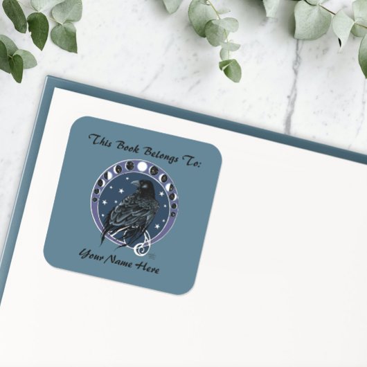 Sticker Carré Raven Moon Phases Stars Blue Bookplate
