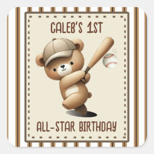 Sticker Carré Rayeur de home run Ours de baseball 1er anniversai