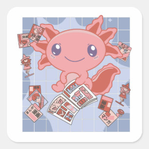Sticker Carré Readalotl Axolotl Amateurs de doux animaux Mangas 