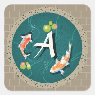 Sticker Carré Réaliste Vert Japonais Koi Poisson Pond