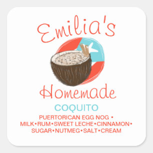 Sticker Carré Recette de Coquito Boire Coconut Main tirée coloré
