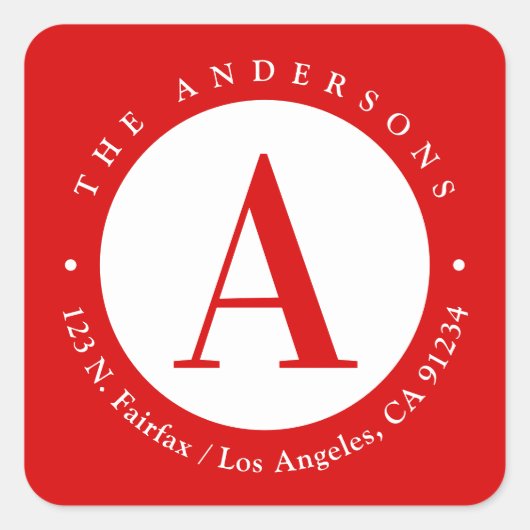 Sticker Carré Red | Adresse de retour du monogramme circulaire (Devant)