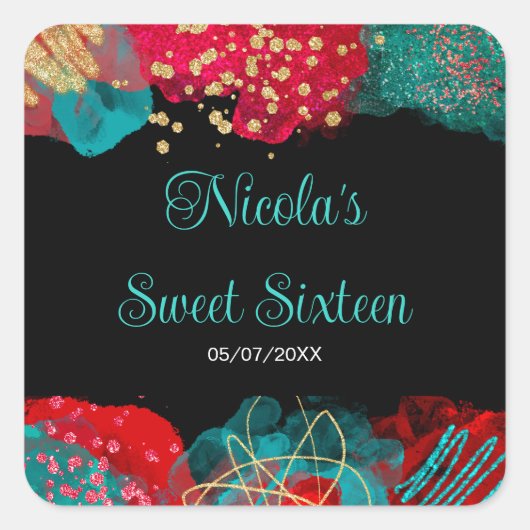 Sticker Carré Red Alcohol Ink Sweet 16 Birthday Party  (Devant)