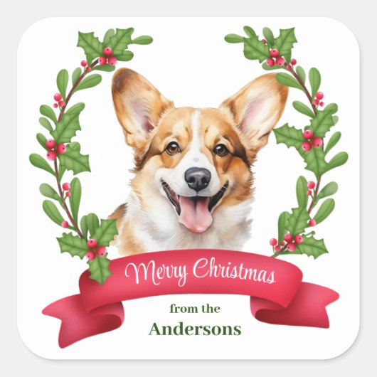 Sticker Carré Red Banner Holly Corgi Dog Christmas (Devant)