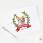 Sticker Carré Red Banner Holly Corgi Dog Christmas (Enveloppe)