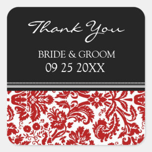 Sticker Carré Red Black Damask Merci Wedding Favor Tags