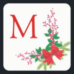 Sticker Carré Red Bow Holly Christmas<br><div class="desc">Cet autocollant lumineux et coloré égaye toute correspondance ou colis de vacances. Il présente votre monogramme en rouge vif dans le coin supérieur gauche, avec un joli joli carré d'embellissement du coin des baies sainte et rouge avec un arc rouge. Plutôt pour la correspondance ou d'autres projets de vacances. Assurez-vous...</div>