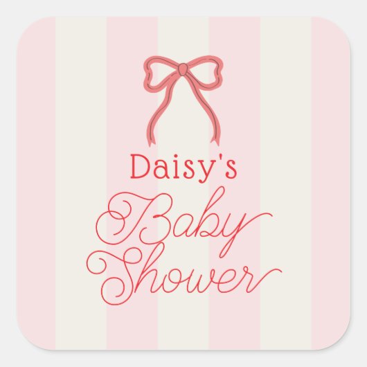 Sticker Carré Red Bow & Pink Stripes Baby Shower (Devant)