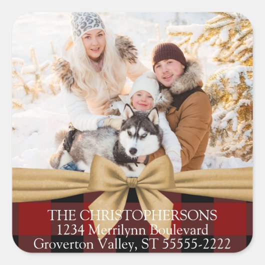 Sticker Carré Red Buffalo Check & Bow Photo Return Adresse (Devant)