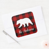 Sticker Carré Red Buffalo Plaid & Bear | Nom personnel Cadeau (Enveloppe)