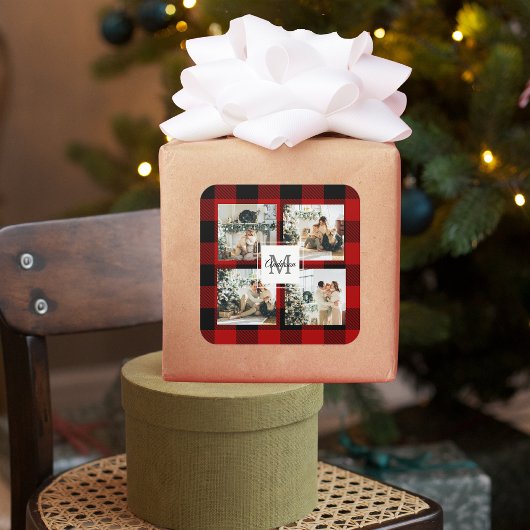 Sticker Carré Red Buffalo Plaid & Collage Photo Avec Initiale