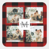 Sticker Carré Red Buffalo Plaid & Collage Photo Avec Initiale (Devant)