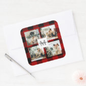 Sticker Carré Red Buffalo Plaid & Collage Photo Avec Initiale (Enveloppe)