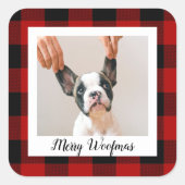 Sticker Carré Red Buffalo Plaid & Joyeux Woofmas Avec Photo Chie (Devant)