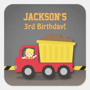 Sticker Carré Red Dump Truck Boy Construction fête d'anniversair