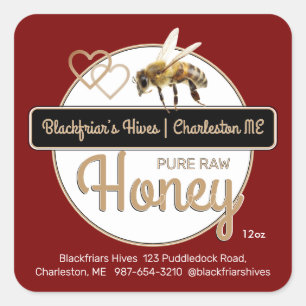Sticker Carré Red Gold Modern Script Honey avec abeille à miel