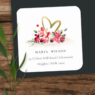 Sticker Carré Red Gold Orchid Heart Floral Aquarelle Adresse
