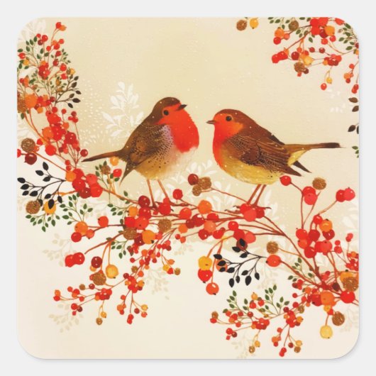 Sticker Carré Red Gold Winter Birds Holly Berry Branches (Devant)