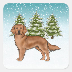 Sticker Carré Red Golden Retriever Chien Blue Snowy Noël