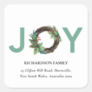 STICKER CARRÉ RED GREEN HOLLY BERRY JOY WREATH ADRESSE NOËL