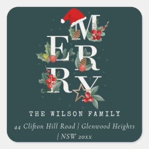 Sticker Carré Red Green White Merry Christmas Foliing Adresse
