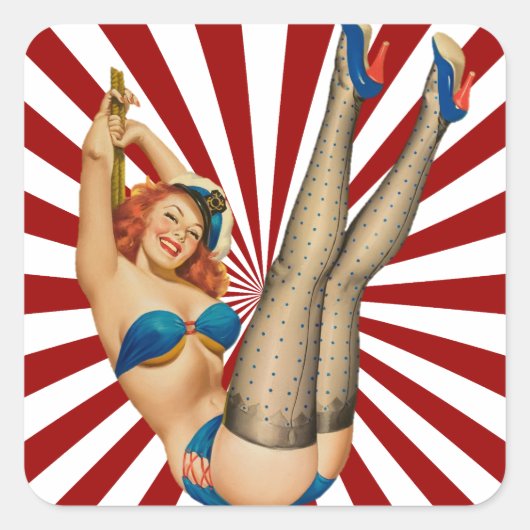 Sticker Carré Red Haired Pin-up Girl Retro Sunset (Devant)