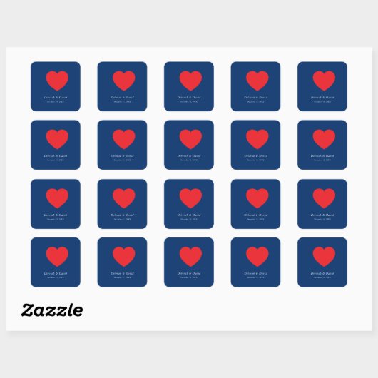 Sticker Carré Red Heart Blue Modern Minimalist Wedding (Feuille)