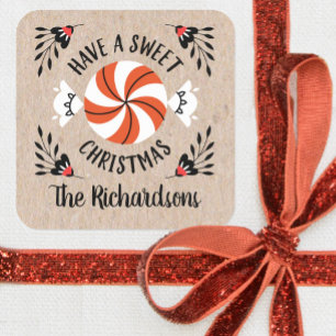 Sticker Carré Red Kraft Christmas Pepperment Candy Tags cadeaux