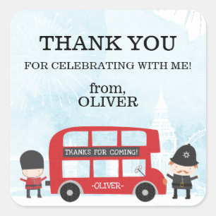 Sticker Carré Red London Bus Enfants Anniversaire Party Merci Fa