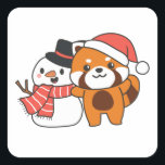 Sticker Carré Red Panda With Snowman In Winter For Christmas<br><div class="desc">Red panda with snowman en hiver pour Christmas - a snowman for winter and Christmas. A winter greeting in the cold season for the holidays. Christmas red panda with snowman.</div>