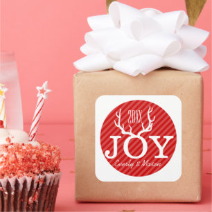 Sticker Carré Red Pink Stripe Deer Antlers Joie Noël de Noël