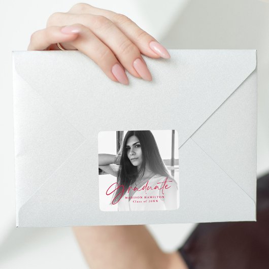Sticker Carré Red Stylish Script Photo Graduation