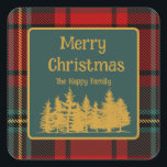 Sticker Carré Red Tartan Plaid Joyeux Noël<br><div class="desc">Tartan rouge et vert Joyeux autocollants de Noël et étiquettes. Et forêt d'arbres. Que vous pouvez facilement personnaliser. Parfait pour un décor de Noël traditionnel ou une ferme rustique.</div>