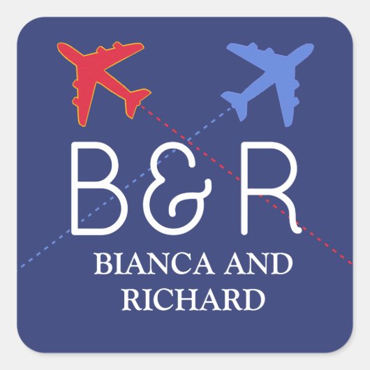 Sticker Carré red travel airplanes wites names monogrammed (Devant)