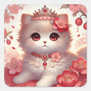 Sticker Carré Red Ume Plum Blossom Princess Cat
