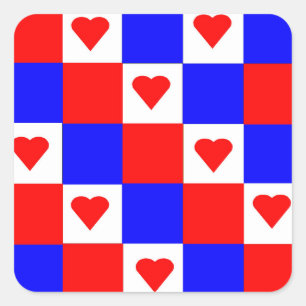 Sticker Carré Red, White and Blue Squares with Red Hearts