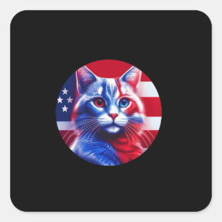 Sticker Carré Red White & Blue Cat With American Flag Background